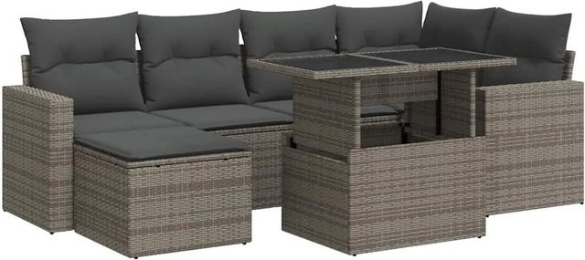 vidaXL 7-tlg Garten-Sofagarnitur in L-Form aus grauem Poly-Rattan mit Kissen und pulverbeschichtetem Stahlgestell - Bild 1