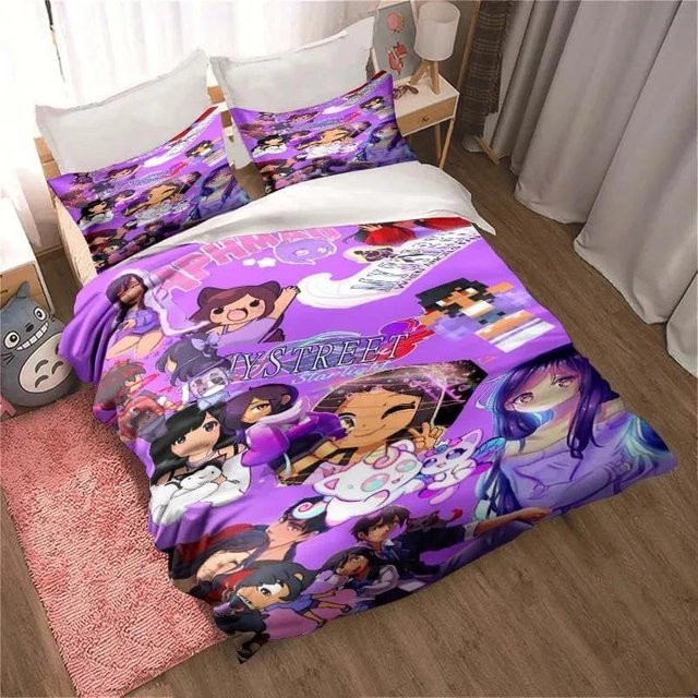 Aphmau 3D-Druck Bettwäsche Set mit Bettbezug und Kissenbezug in Lila, Kawaii Cartoon Design für Kinder, B/H: 135 x 200 cm - Bild 1