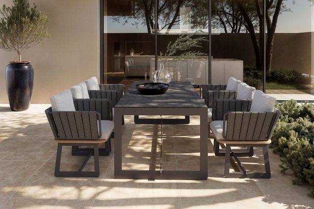 PLOSS Aurora Garten-Essgruppe mit Tisch und 6 Sesseln in Anthrazit und Silber, B/T: 200 x 100 cm, aus Aluminium, Glas und Rope mit Polstern - Bild 1