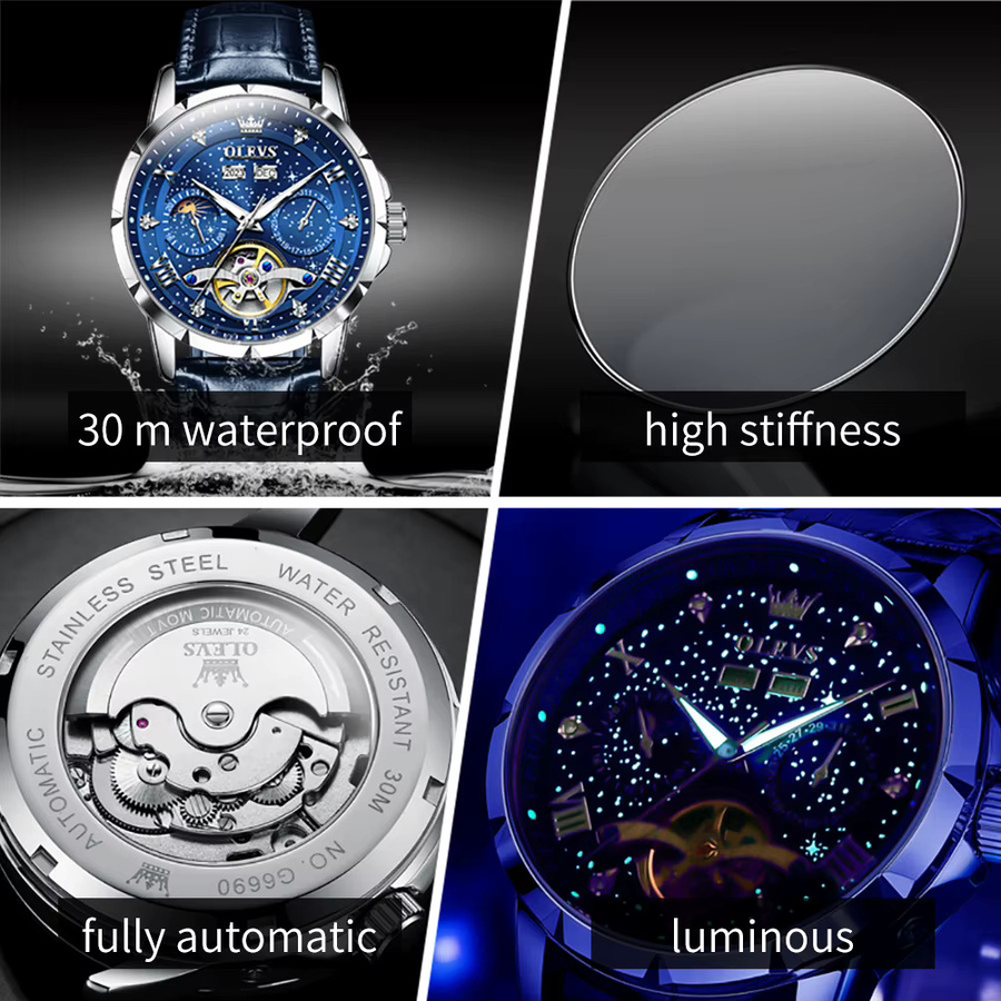 OLEVS Armbanduhr Automatik, Edelstahl, Blau, Leder, Herren - Bild 4