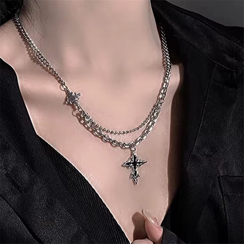 imixlot Halskette, Kreuz Stern Anhänger, Schwarz, Silber, Unisex - Bild 3
