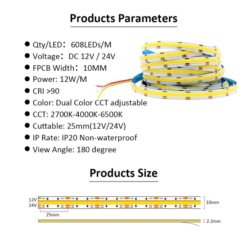 MJJC COB CCT LED Streifen mit 608 LEDs, dimmbar, Dual Weiß, 12V 24V DC, 5M Flexible FCOB Linear Band mit Ra90 und 10mm PCB Breite - Bild 2