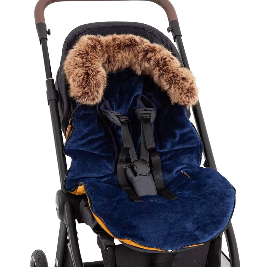 HOUSBAY Kinderwagen Fußsack für 0–24 Monate in Marineblau, Weiß und Braun mit abnehmbarem Pelzkragen und Patchwork-Design - Bild 2