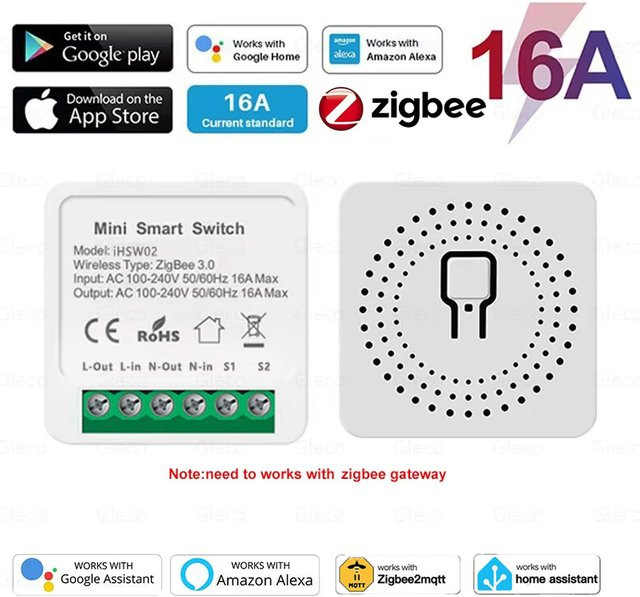 Gleco Zigbee 3.0 Mini Smart DIY Schalter 16A Relais zur 2-Wege-Steuerung in Weiß für Alexa und Google Home Assistent sowie 2MQTT - Bild 1