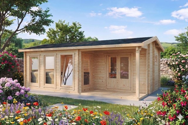 Gartenhaus Malaga 1 aus Holz mit Terrasse, Dusche und Toilette, B/T: 7 x 4 m - Bild 1