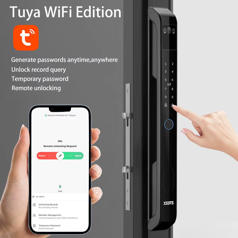 XSDTS Smart Türschloss mit 3D-Gesichtserkennung und Handvenen-Scan, Tuya WiFi Elektronisches Schloss mit Fingerabdruck und Passwort, Wasserdichtes Aluminium-Glas-Schiebetürschloss in Schwarz - Bild 2
