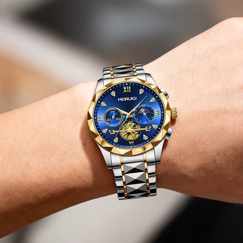 MEIRUIQI Armbanduhr, Quarz, Edelstahl, Goldblau, Herren - Bild 5