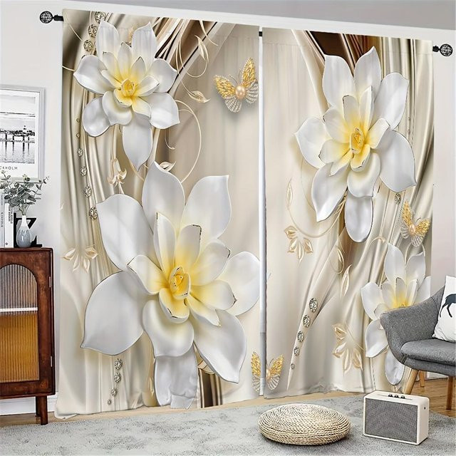 Weiße Vintage Vorhänge mit Blumen- und Diamantmuster, semi-transparent, 2er-Set inklusive Haken, Breite: 65 cm, Höhe: 60 cm - Bild 1
