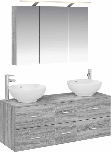 vidaXL Badezimmermöbel-Set 4-teilig in Grau, modern gestaltet mit Spiegelschrank, Waschtischunterschrank und Seitenschrank aus Holz und Glas mit LED-Beleuchtung - Bild 1