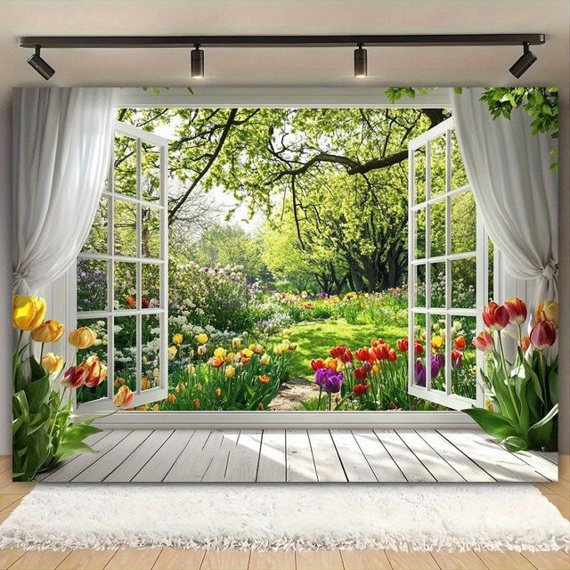 GUOYU HOMEDECOR Wandteppich Frühlingsgarten mit Waldszene in Weiß und Multicolour, Wandbehang für Wohnzimmer, Schlafzimmer und Büro, Breite: 152,4 cm, Höhe: 127 cm - Bild 1