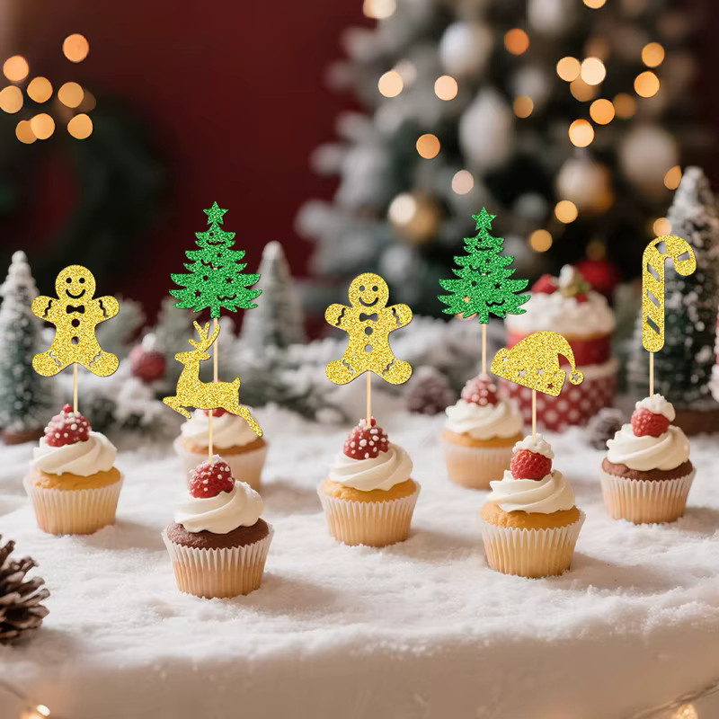 YOMDID 25 Stück Weihnachts-Cupcake-Topper aus Bambus in Gold, Grün und Multicolour mit Weihnachtsbaum, Weihnachtsmütze, Zuckerstange und Hirsch zur Kuchendekoration - Bild 6