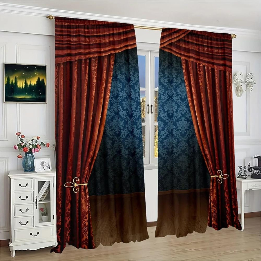 2er-Set Vintage-Vorhänge von Yiran Furniture im viktorianischen Stil mit floralem 3D-Druck, halbtransparent, Mehrfarbig, B/H: 250 x 250 cm - Bild 2