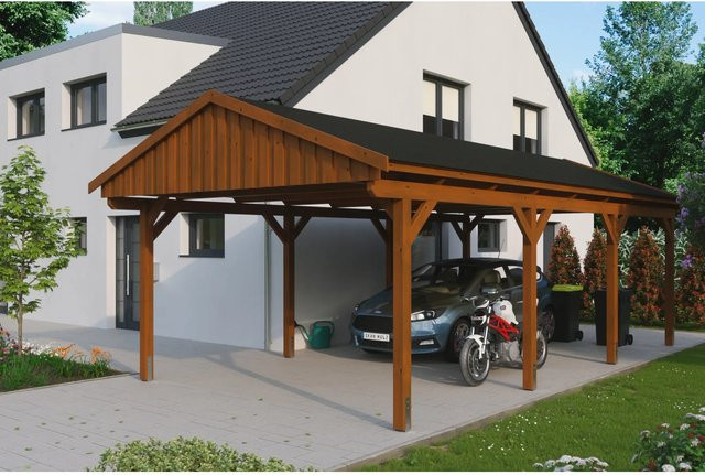 Skan Holz Carport Fichtelberg aus Fichte in Nussbaum Braun mit Dachschindeln, B/T: 423 x 808 cm, Höhe: 326 cm - Bild 1