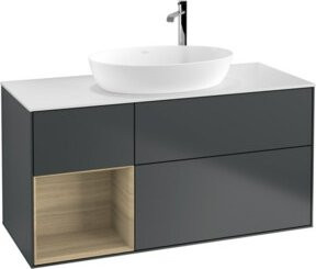 V&B Waschtischunterschrank Finion mit Wandbeleuchtung und offenen Regalfächern, Breite: 120 cm, Höhe: 50,1 cm, Farbe: Mattblau lackiert - Bild 1