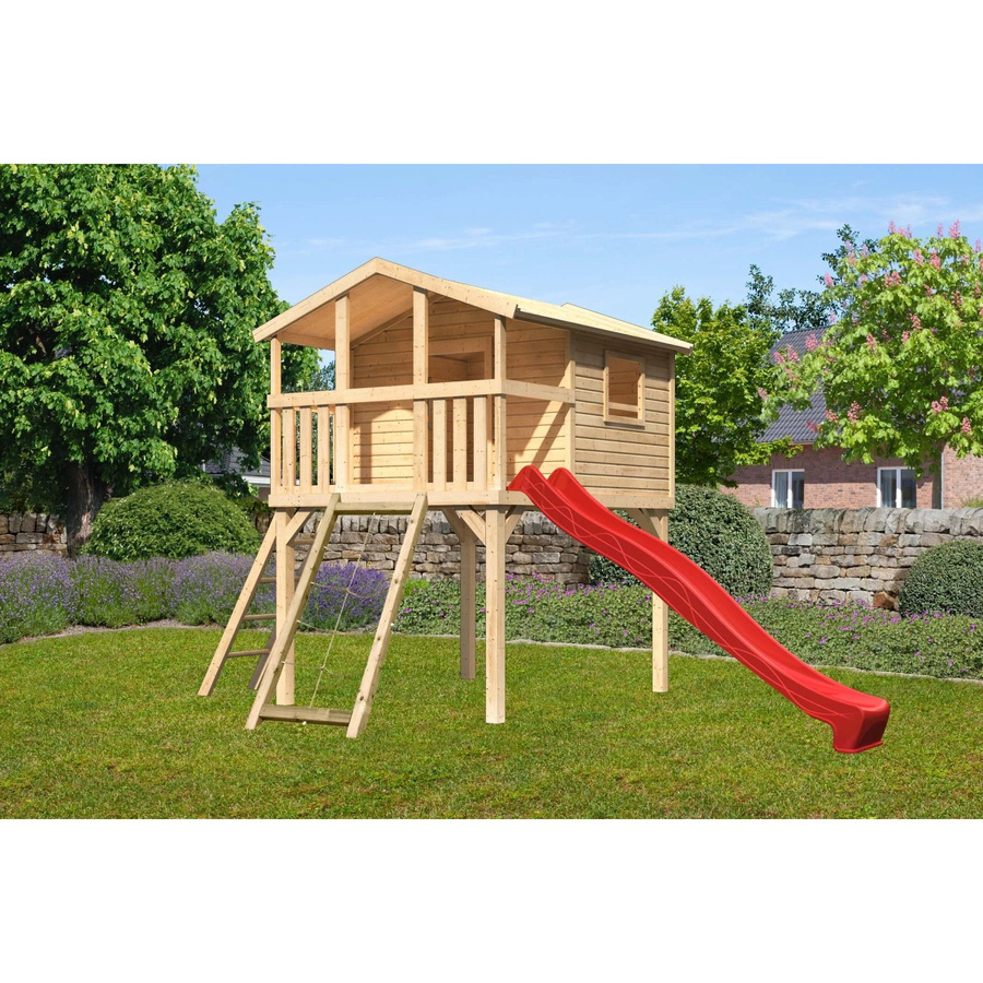 Karibu Spielturm Benjamin Stelzenhaus Naturbelassen mit Leiter, Netzrampe und Rutsche in Natur-Braun, B/H/T: 225 x 309 x 250 cm - Bild 2