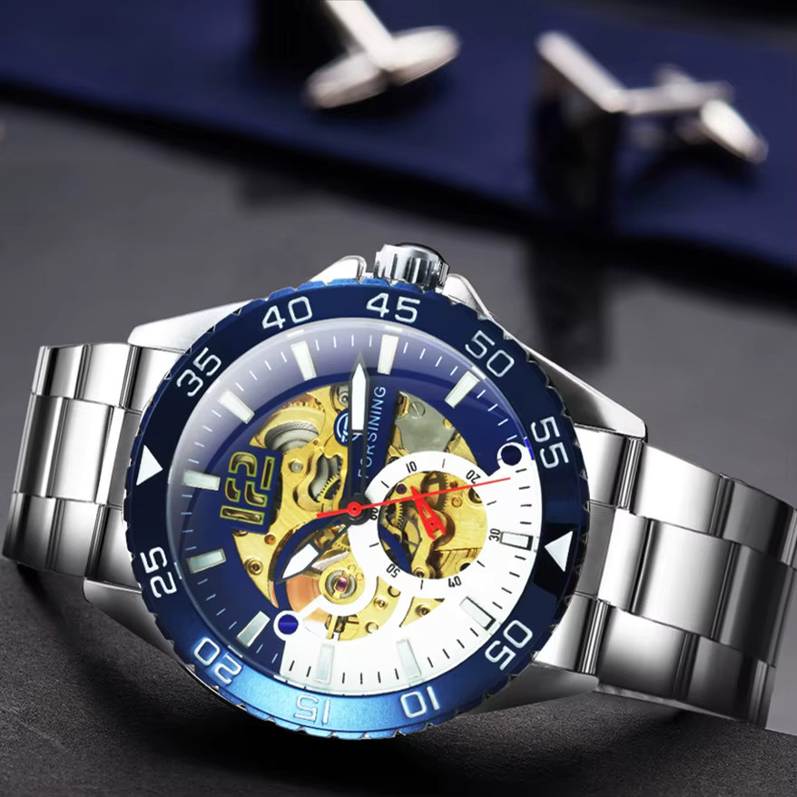 Forsining Armbanduhr, Automatik, blaue Lünette, Edelstahl, Herren - Bild 4