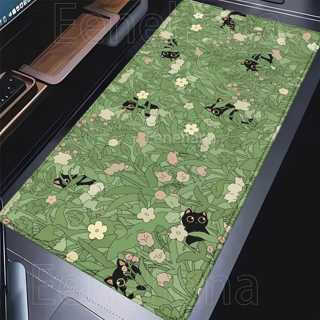 Eenehana Gaming Mauspad mit schwarzer Katze und grünen Pflanzen, groß, B/T: 90 x 40 cm - Bild 1