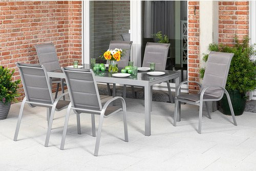Merxx Amalfi di Lusso Gartenmöbelset 7-teilig mit 6 Stapelsesseln und ausziehbarer Gartentischplatte aus Aluminium und Textil in Silber und Braun, Tisch B: 200 bis 300 cm, T: 100 cm, H: 110 cm - Bild 1
