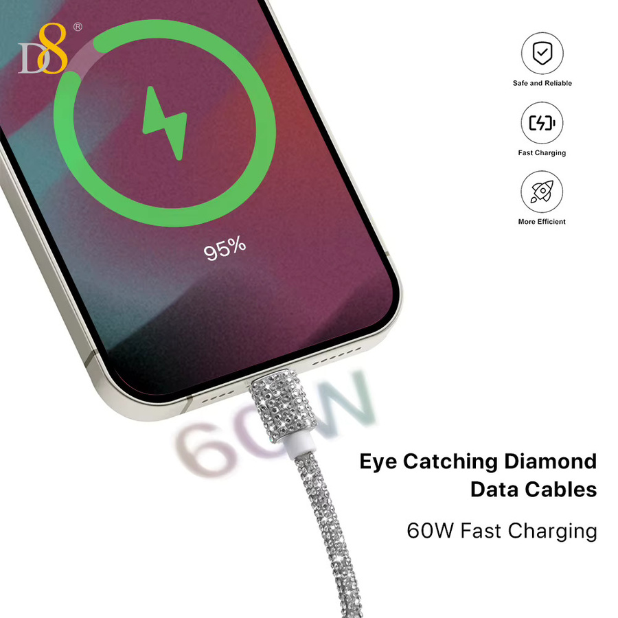 D8 USB C auf USB C Kabel 60W Schnellladung in Silber mit Kristalldekoration und Diamond Shine für iPhone 15, Pro, Plus, Pro Max und MacBook - Bild 3