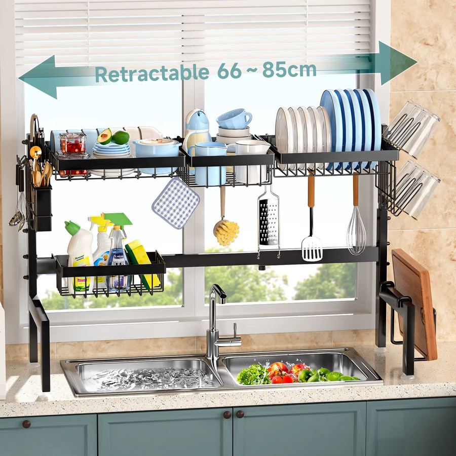 HGTUGO Küchenspülbecken-Abtropfgestell aus Metall in Schwarz, Multifunktionaler Küchenorganizer mit verstellbarer Höhe, Rechteckig - Bild 6
