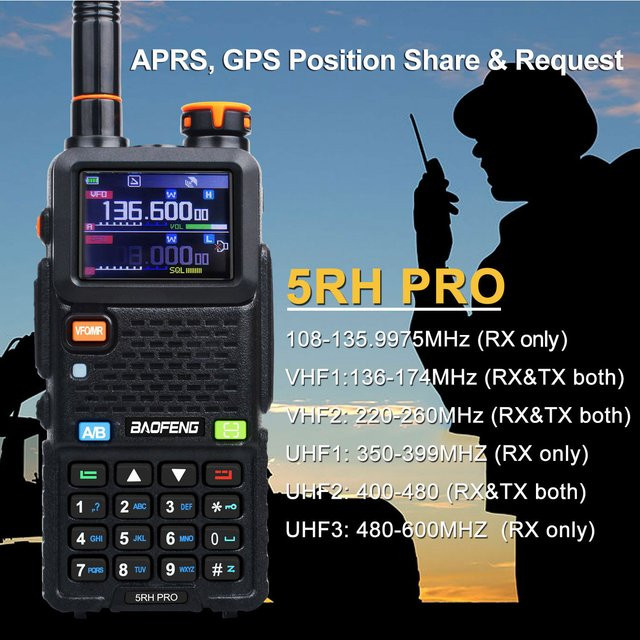 Baofeng 5RH PRO Walkie Talkie mit GPS, 1,77 Zoll Farbbildschirm, 7W Multiband, FM und Wetteralarm in Schwarz - Bild 1
