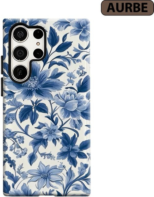 Aurbe Handyhülle für Samsung Galaxy S26 S25 S24 S23 Ultra Plus in Blau mit Blumenmuster im Porzellan-Stil und HD Hart-Doppelschicht-Filmhülle - Bild 1