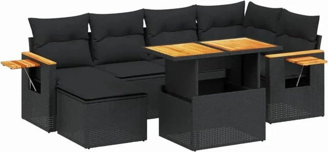 vidaXL 7-teilige Garten-Sofagarnitur in L-Form aus schwarzem PE-Rattan mit Kissen und Akazienholz - Bild 1