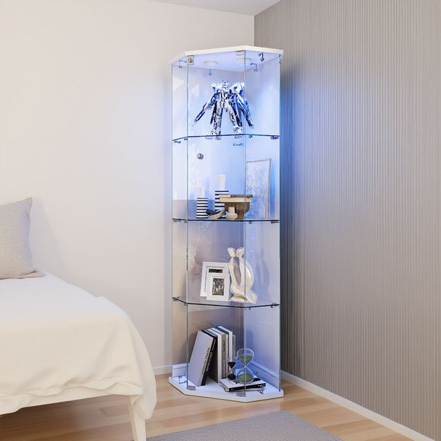 Comanlai Eck-Glasvitrine in Weiß mit 4 Regalen, Glastür und Schloss sowie Holzsockel - Bild 1