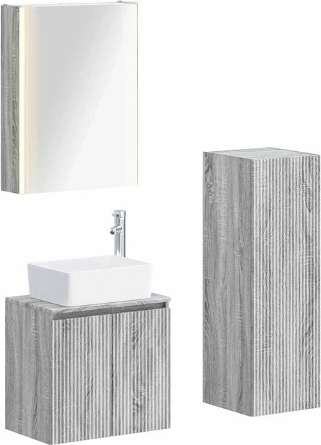vidaXL Badezimmermöbel-Set 4-teilig in Grau Sonoma, modern mit Waschtischunterschrank, Spiegelschrank und LED-Beleuchtung aus Holz und Glas - Bild 1