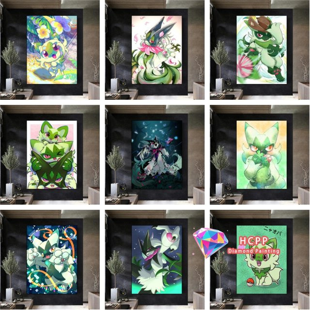Potdemiel Diamant-Malerei-Set mit Pikachu, Floragato, Sprigatito und Meowscharada, rund, Mehrfarbig, Durchmesser: 20 cm - Bild 1