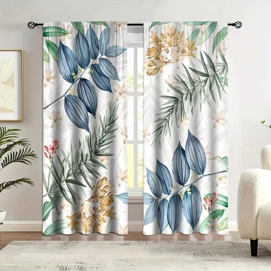 2er-Set Yiran Furniture Transparente Voile-Vorhänge mit Blätter-Blumenmuster, UV-beständig, B: 100 cm, H: 130 cm - Bild 1