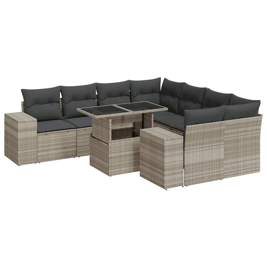 vidaXL 9-teilige Garten-Sofagarnitur aus Poly-Rattan in Hellgrau mit Kissen und Glastisch - Bild 2
