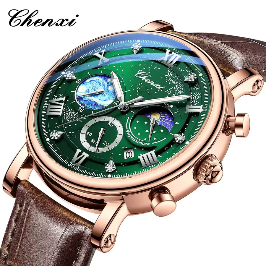 CHENXI Armbanduhr Quarz, Roségold, Leder, Herren, Mondphase, Datum - Bild 1