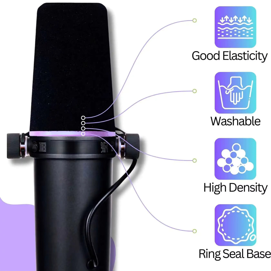 SM7 Mikrofonabdeckung Pop-Filter für Shure SM7B und SM7dB, hochdichter Schaumstoff-Windschutz mit violettem Leuchtring, Schwarz-Violett - Bild 1