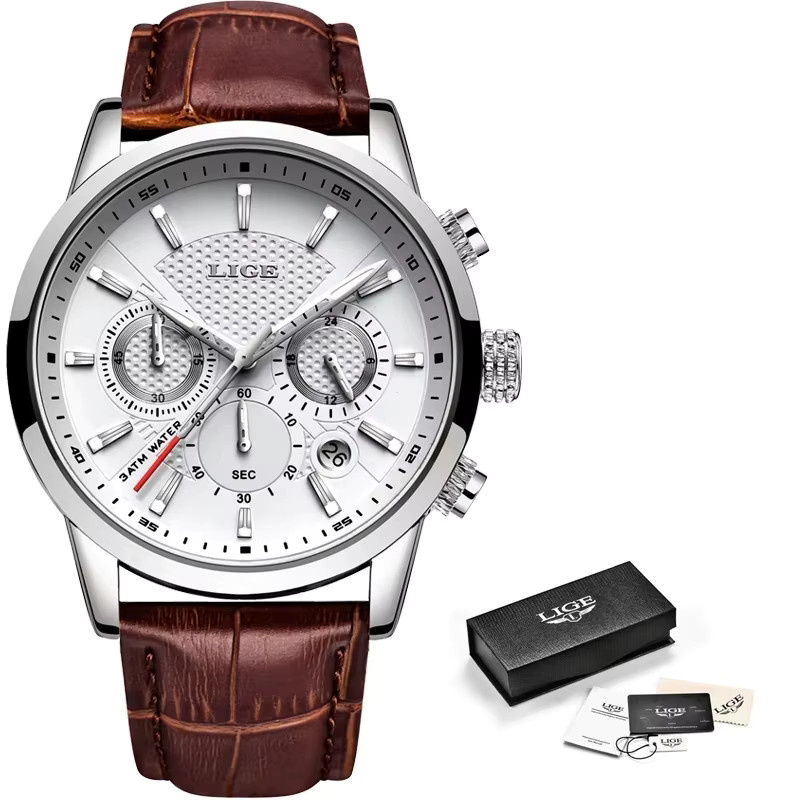 LIGE Chronograph, Quarz, Leder, Herren, Datum, Silber, Edelstahl - Bild 6