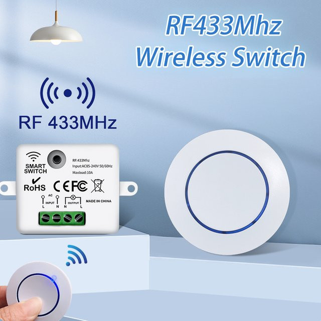 Drahtloser RF 433 MHz Lichtschalter mit Relais-Empfänger und LED-Wandschalter, weiß, modern - Bild 1