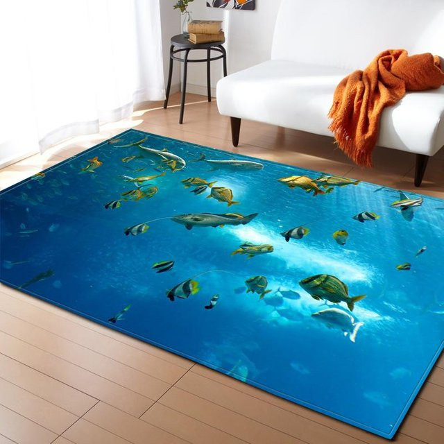 Karpetti 3D Teppich Ozean Korallen und Fische in Blau für Kinderzimmer, Wohnzimmer oder Küche, B/T: 70 x 140 cm - Bild 1