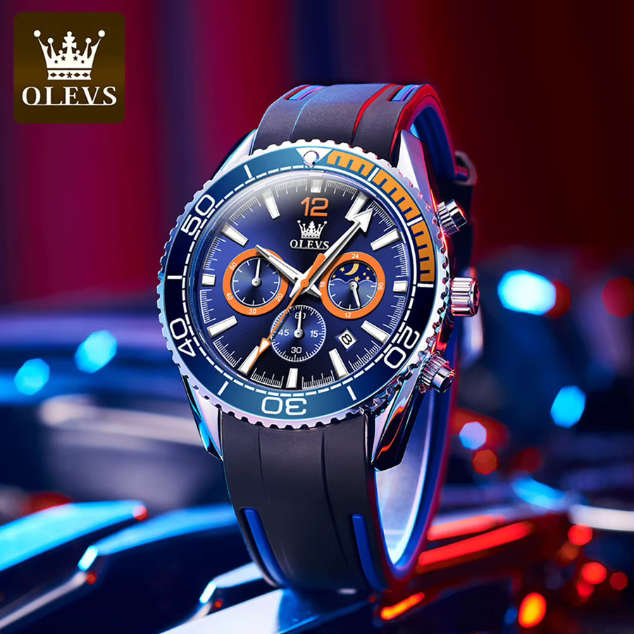 OLEVS Chronograph, Quarz, Silikon Armband, Blau, Herren - Bild 2