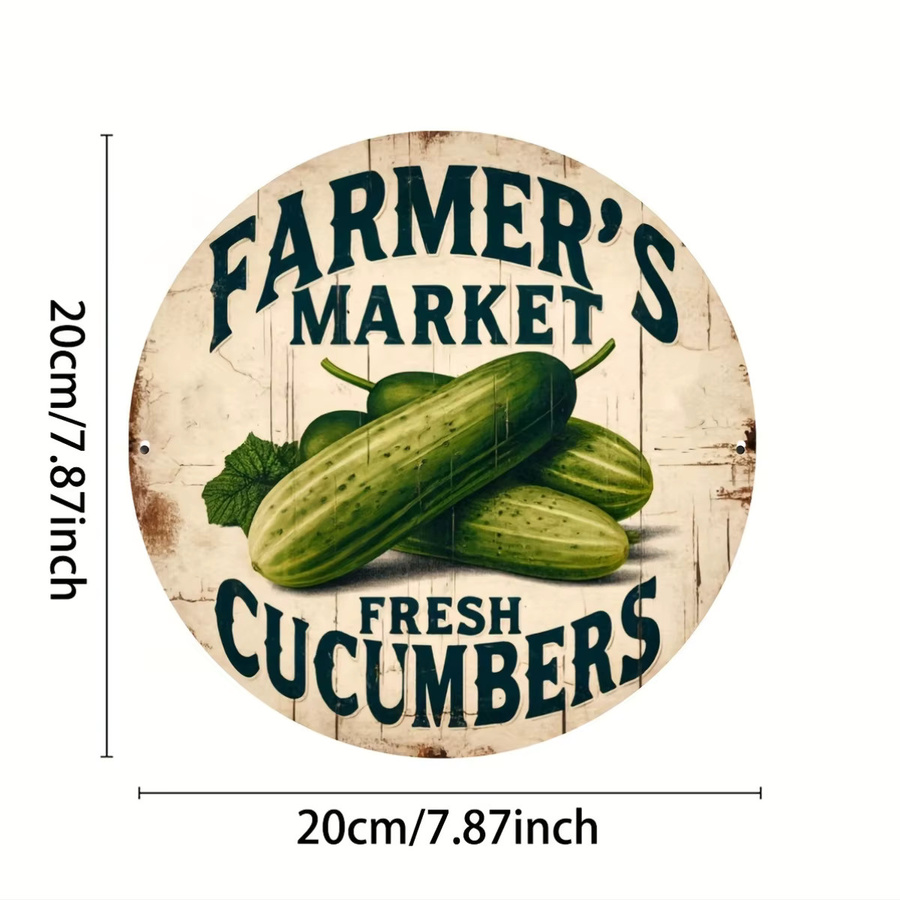 Potdemiel Rundes Aluminiumschild Farmer's Market Fresh Cucumbers Vintage Wandkunst Metall, Durchmesser: 19,81 cm, Mehrfarbig - Bild 3