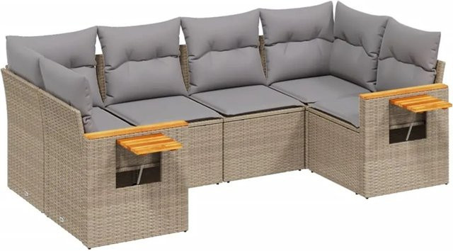 vidaXL 6-teilige Garten-Sofagarnitur in L-Form aus Poly-Rattan und Akazienholz mit Kissen in Beige - Bild 1