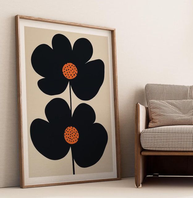 SHENCHEN Mid-Century Modern Minimalist Floral Art Print mit schwarzem Doppelblumen-Design und orangefarbenen Polka-Dots im Portraitformat - Bild 1