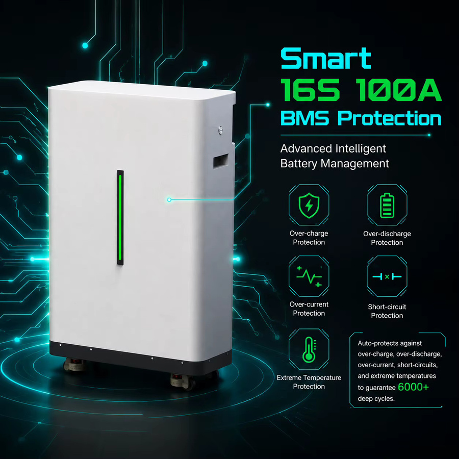 CERRNSS LiFePO4 Solarbatterie 51.2V 100Ah 5kWh mit aktivem Equalizer BMS und mobilen Rädern in Weiß - Bild 3