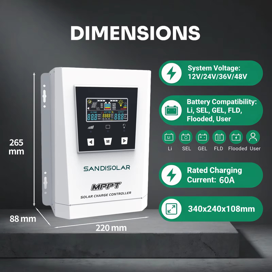 SANDISOLAR Smart MPPT Solar-Controller mit Farb-LCD-Bildschirm, 60A oder 100A, 12V/24V/36V/48V Systemspannungseinstellung, Solarpanel-Batterieladegerät in Weiß - Bild 3