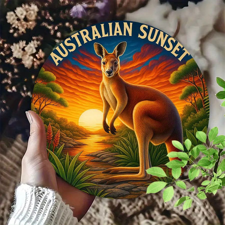 Potdemiel Metallwandkunst Vintage Australischer Sonnenuntergang mit Känguru und Eukalyptus, rundes Aluminiumschild, Durchmesser: 20 cm - Bild 3