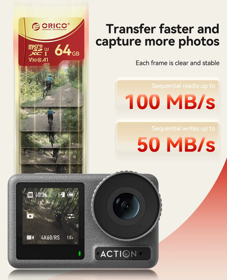 ORICO microSDXC UHS-I Speicherkarte 64 GB mit 180 MB/s, 4K-UHD, U3, Class10, V30, A1 für Action-Kamera und Dashcam, Multicolor - Bild 2