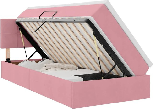 vidaXL Bett mit Stauraum und LED in Rosa, Samt und Metall, B/T: 90 x 190 cm - Bild 1