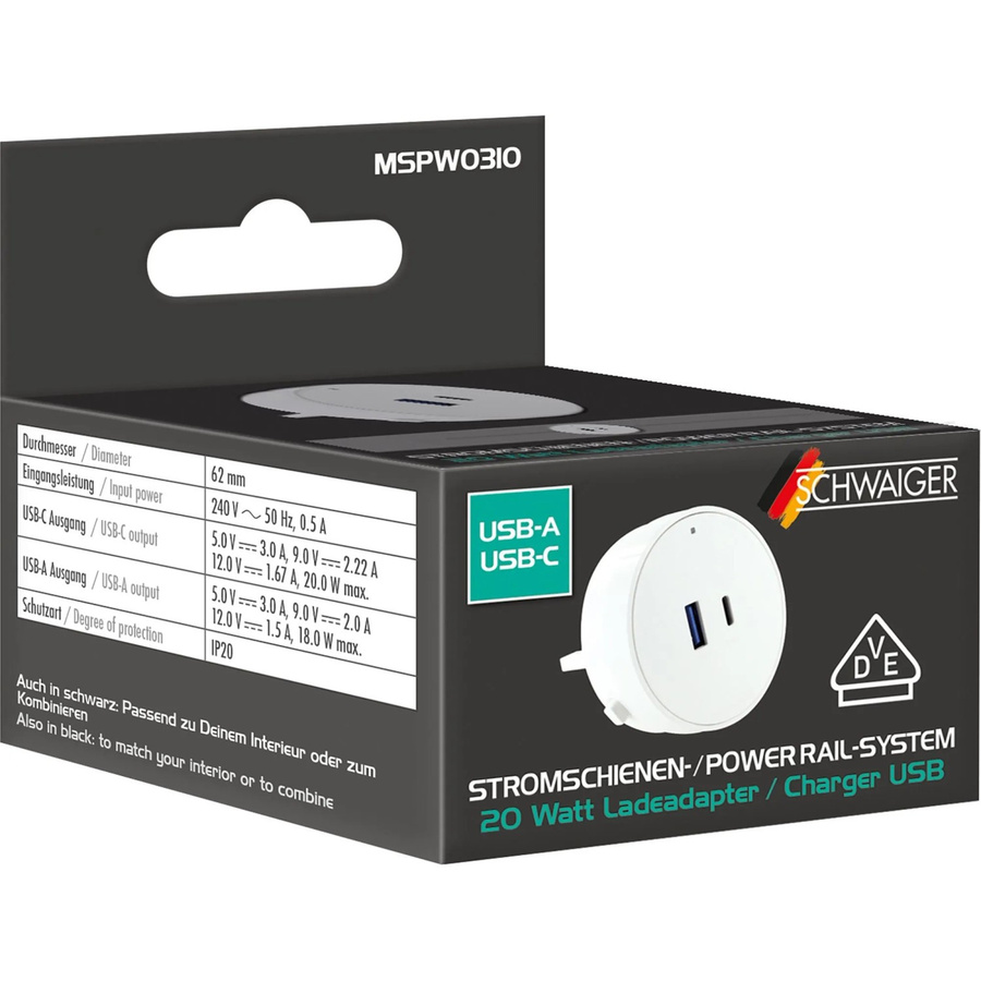 Schwaiger USB-Steckdosenadapter Powerrail für modulare Stromschienen mit 1x USB-C und 1x USB-A in Weiß - Bild 2