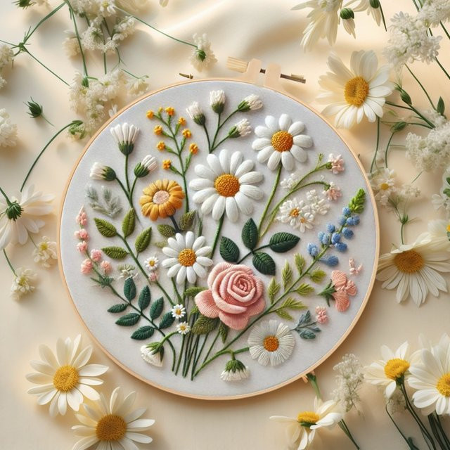 EverShine Blumenstickerei-Set mit Gänseblümchen-Motiv in Multicolour, DIY-Kreuzstich-Set für Anfänger, Durchmesser: 20 cm - Bild 1