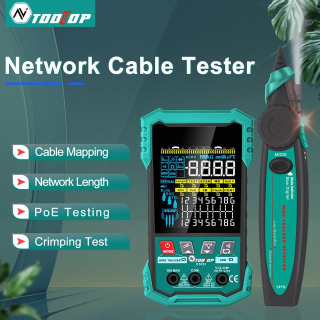 TOOLTOP 2-in-1 Multifunktions-Netzwerkkabeltester mit 3,2-Zoll-Display für LAN-Kabelkartierung, POE-Test und NCV-Multimeter - Bild 1
