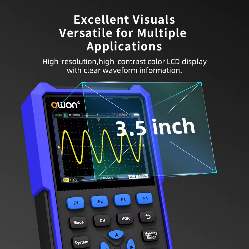 OWON 3-in-1 Handheld-Digitaloszilloskop mit 40 MHz oder 70 MHz, 250 Msa/s, 4,5-stelligem Multimeter und Wellenformgenerator in Blau - Bild 2